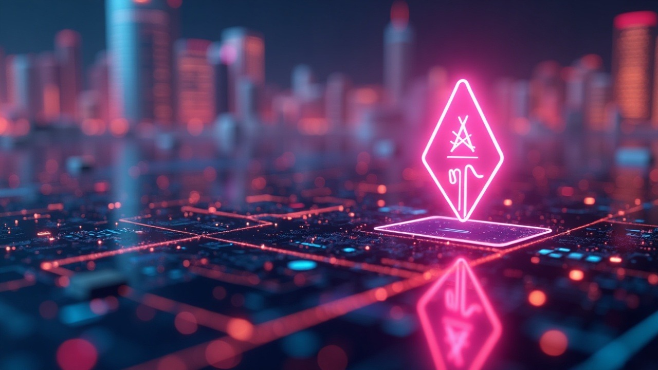 Neon illustration of XLM and LINK powering cross-border payments in a futuristic blockchain city.