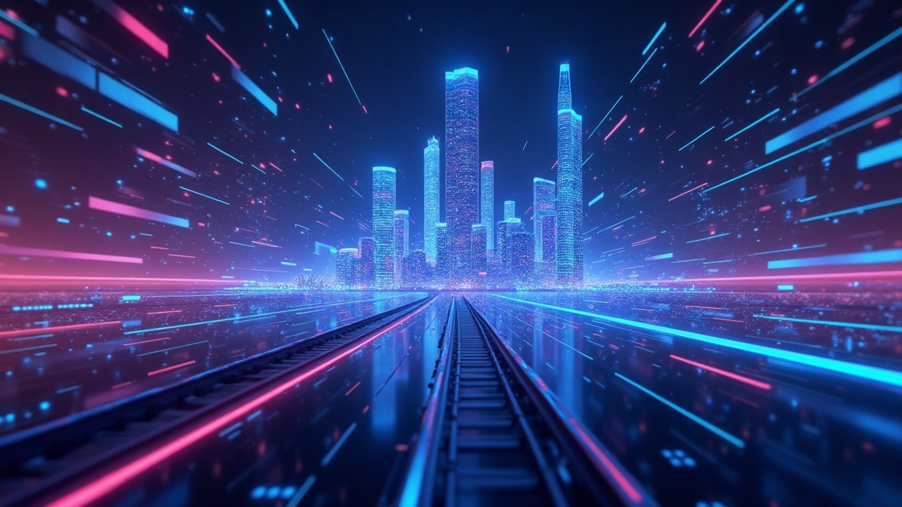 Neon blue-purple XRPL visualization of an institutional rails hub linking tokenized funds, collateral marketplace, and RLUSD glow