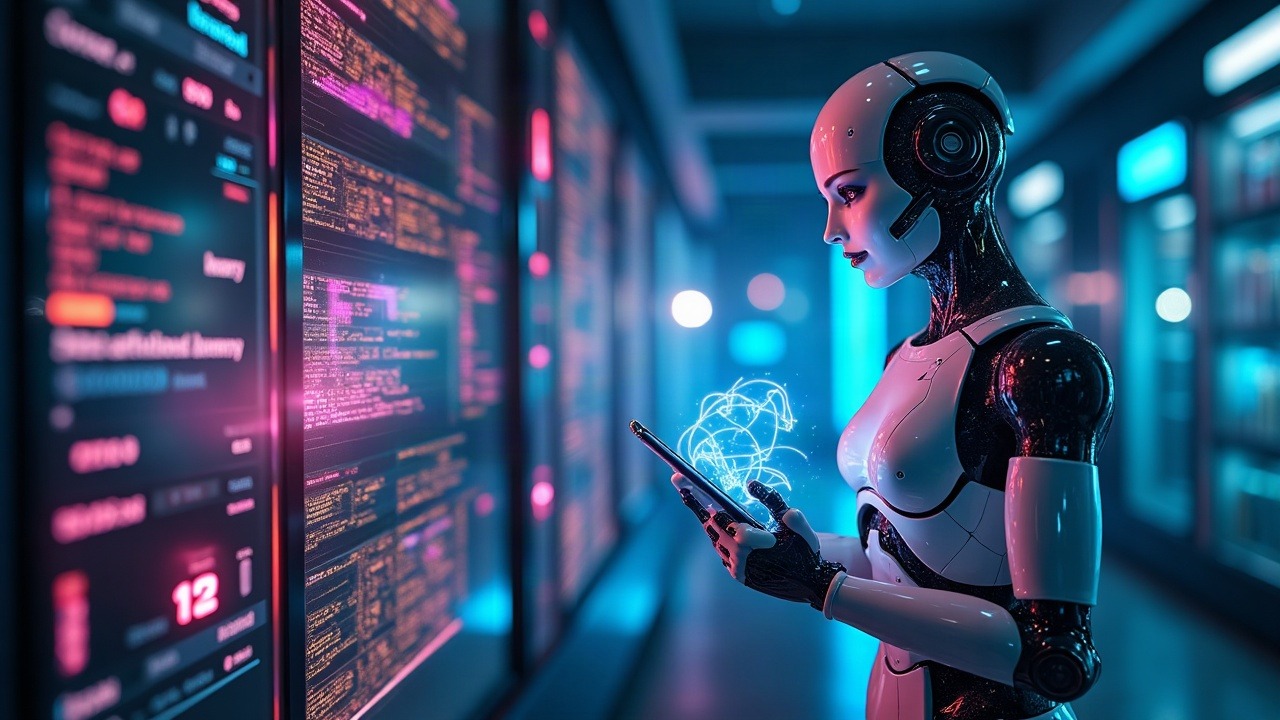 Neon-lit AI agent coordinates atomic payments on a Sui-like blockchain hub, with holographic mandates and AP2 icons.