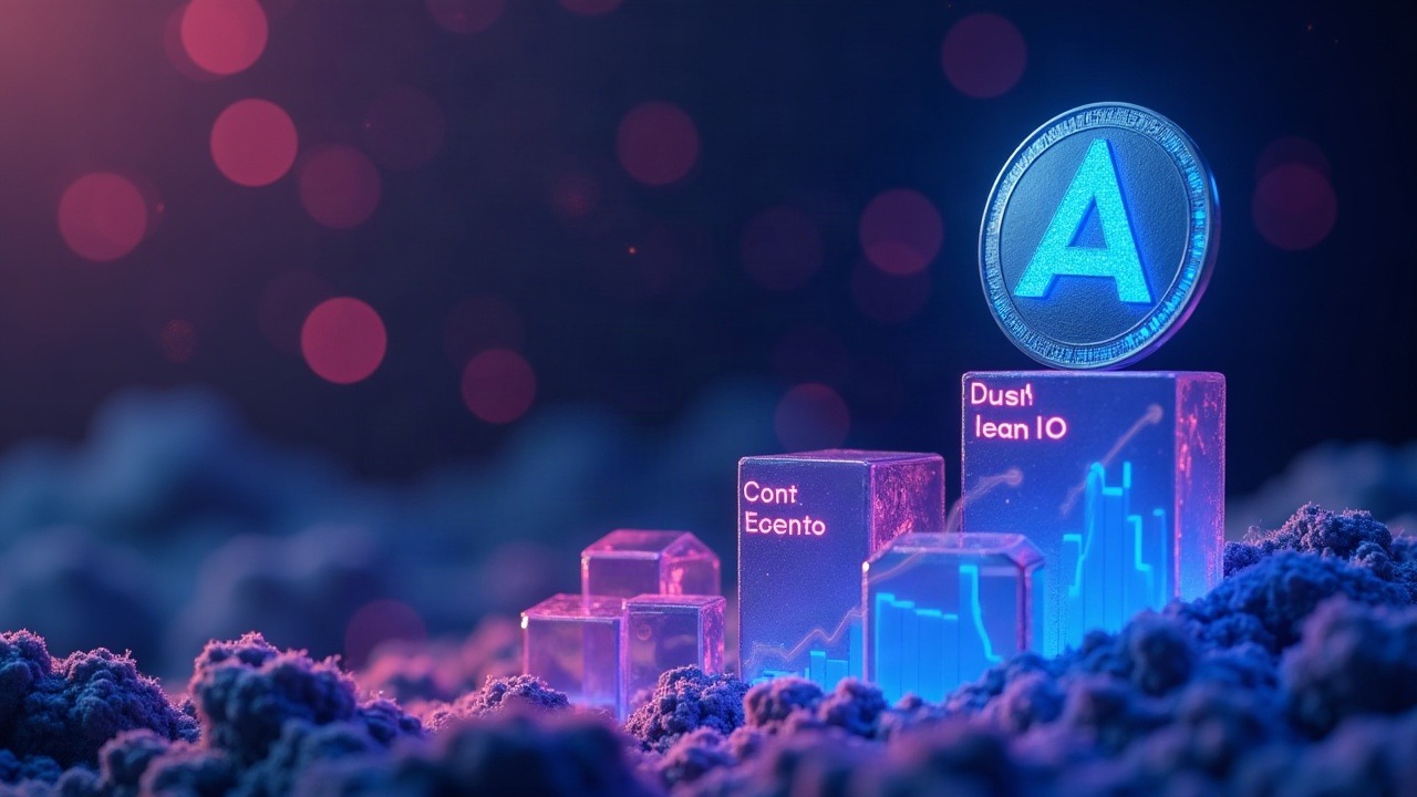 Aptos coin rising above a neon dashboard showing sub-cent fees and daily revenue, with a blue-cyan-pink glow.