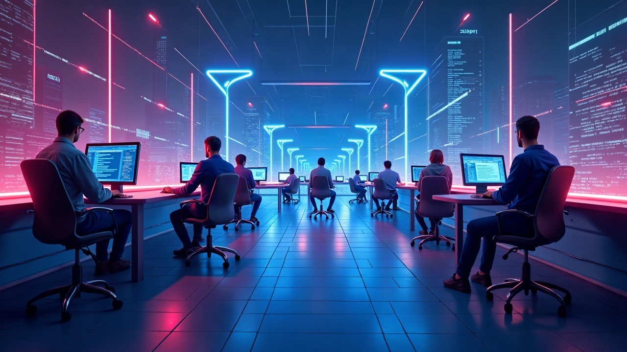 Diverse developers coding smart contracts on holographic screens beside a neon blue-magenta blockchain bridge.