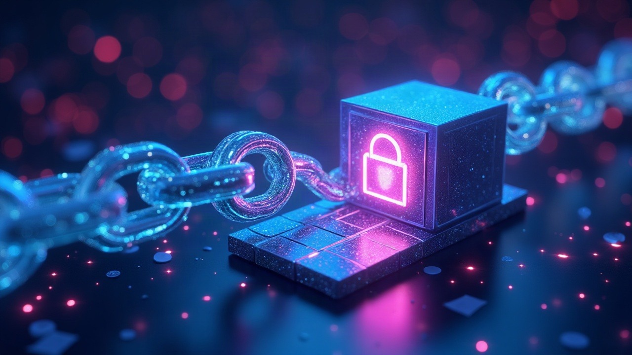 Neon dual-chain bridge between public and enterprise ledgers; tokenized assets flow into a digital vault with blue-cyan-magenta glow.