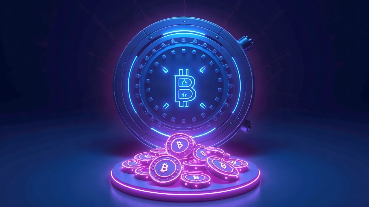 Neon crypto illustration of Balancer winding down a vault, releasing BAL tokens to holders via burn and redeem.
