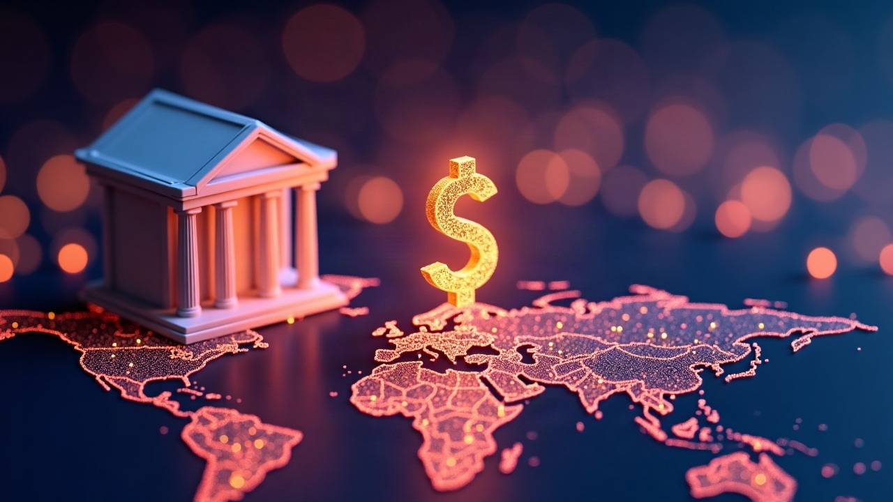 Neon-lit bank releasing a glowing dollar token across a Stellar-like on-chain network between continents.