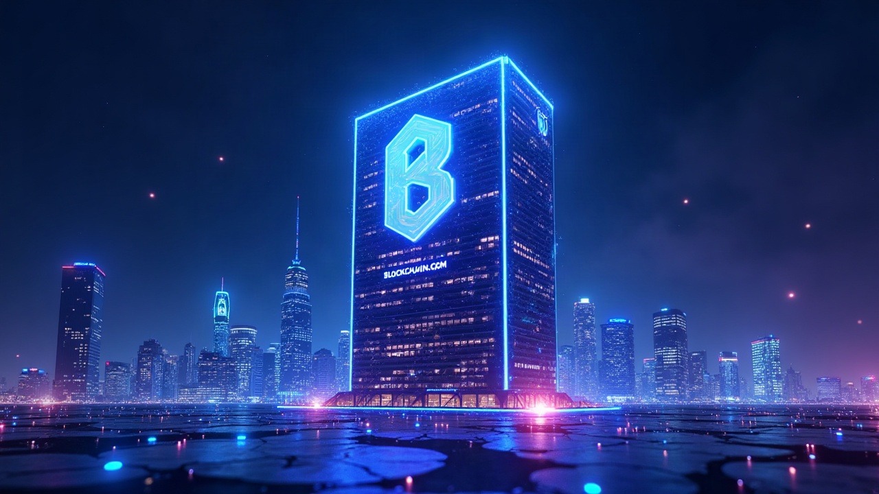 Neon-lit Blockchain.com logo above a stock exchange tower with a blue-purple digital city and IPO ticker