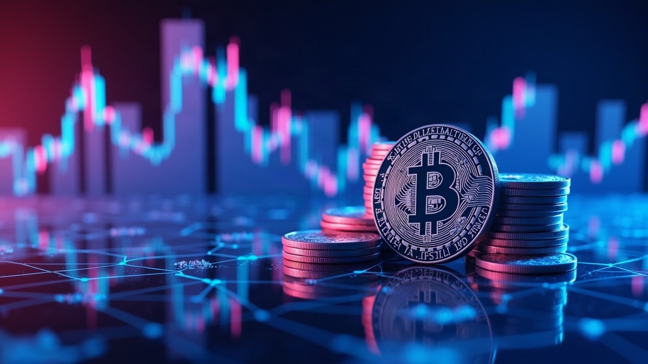 Neon city skyline with Bitcoin inflows, a glowing blue dashboard, and futuristic coins indicating altcoin outflows.
