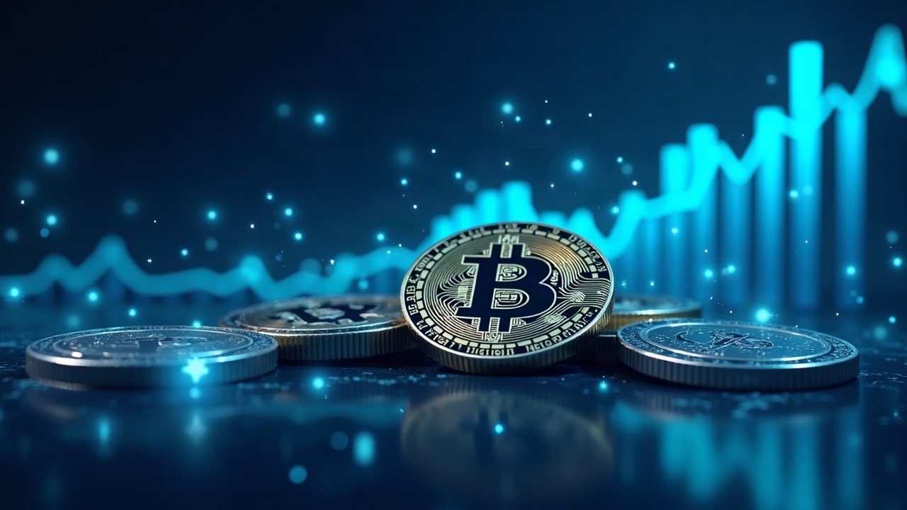 Digital illustration of BTC ETF inflows with glossy coins and rising neon graphs in a blue newsroom vibe.