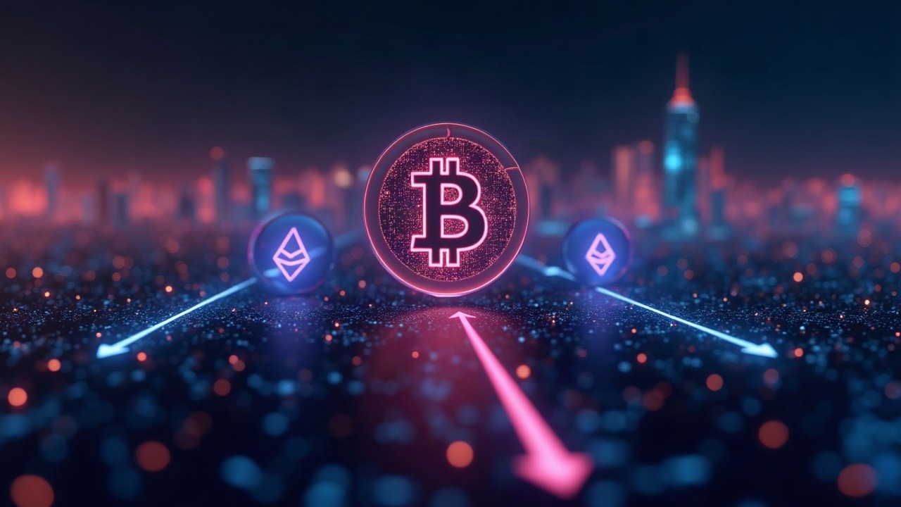 Neon BTC and ETH logos with downward arrows over a blurred digital city, ETF outflows