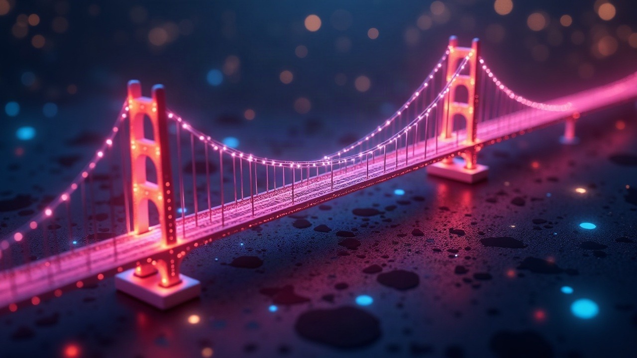 Neon glow illustration of a decentralized liquidity bridge transferring on-chain USDC with HYB, ACRDX, JAAA, and JTRSY tokens