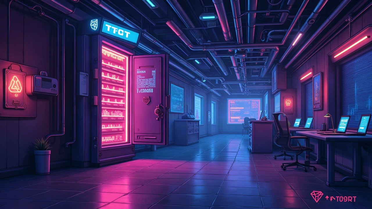 Hyperreal neon illustration of a Tron USDT memo hack on Chainflip with glowing data streams and a paused network