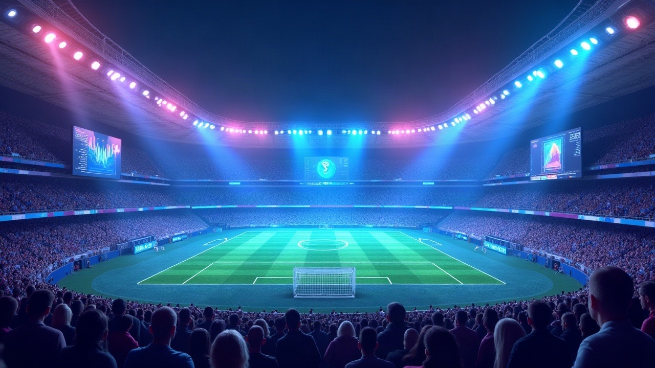 Neon-lit football stadium with holographic probability screens showing market odds in blue and purple