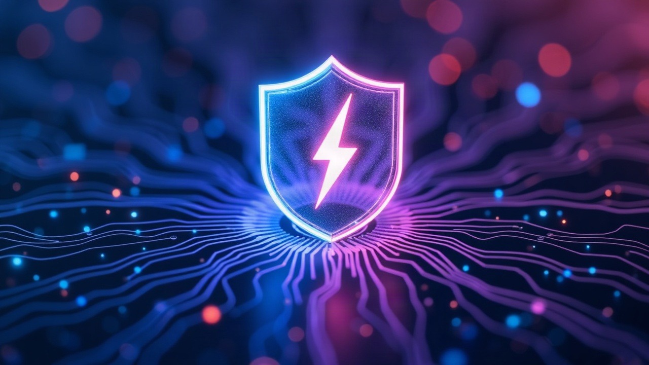 Neon-lit Lightning Network node upgrading with a glowing shield and blue-cyan-purple circuitry.