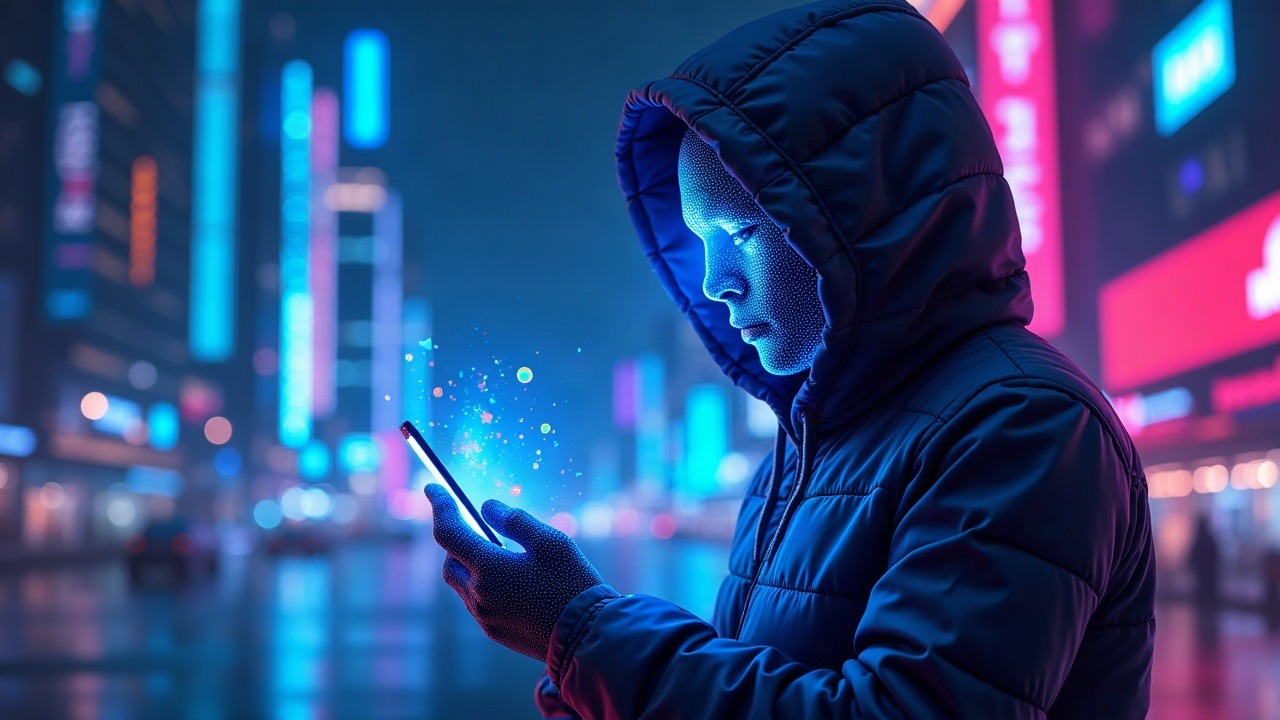 Futuristic neon cityscape with a stealthy AI agent connected to holographic apps in blue and purple lighting