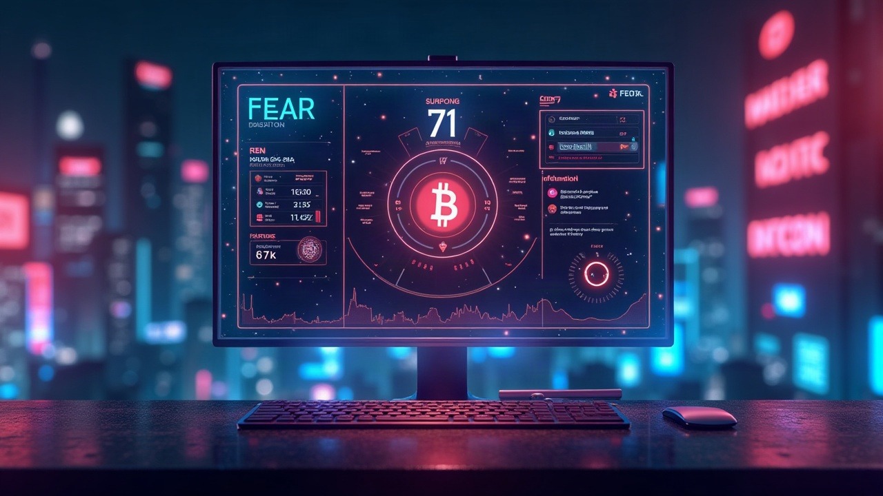 Hyperreal neon crypto dashboard showing Fear & Greed 71, Bitcoin above 86k, DeFi icons against a blurred cityscape.
