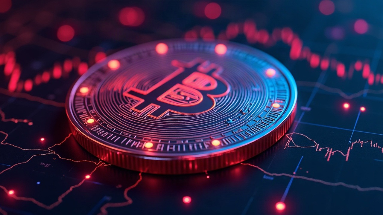 Neon Bitcoin illustration with euro and pound hedges and HSBC branding, symbolizing currency-hedged BTC ETF.