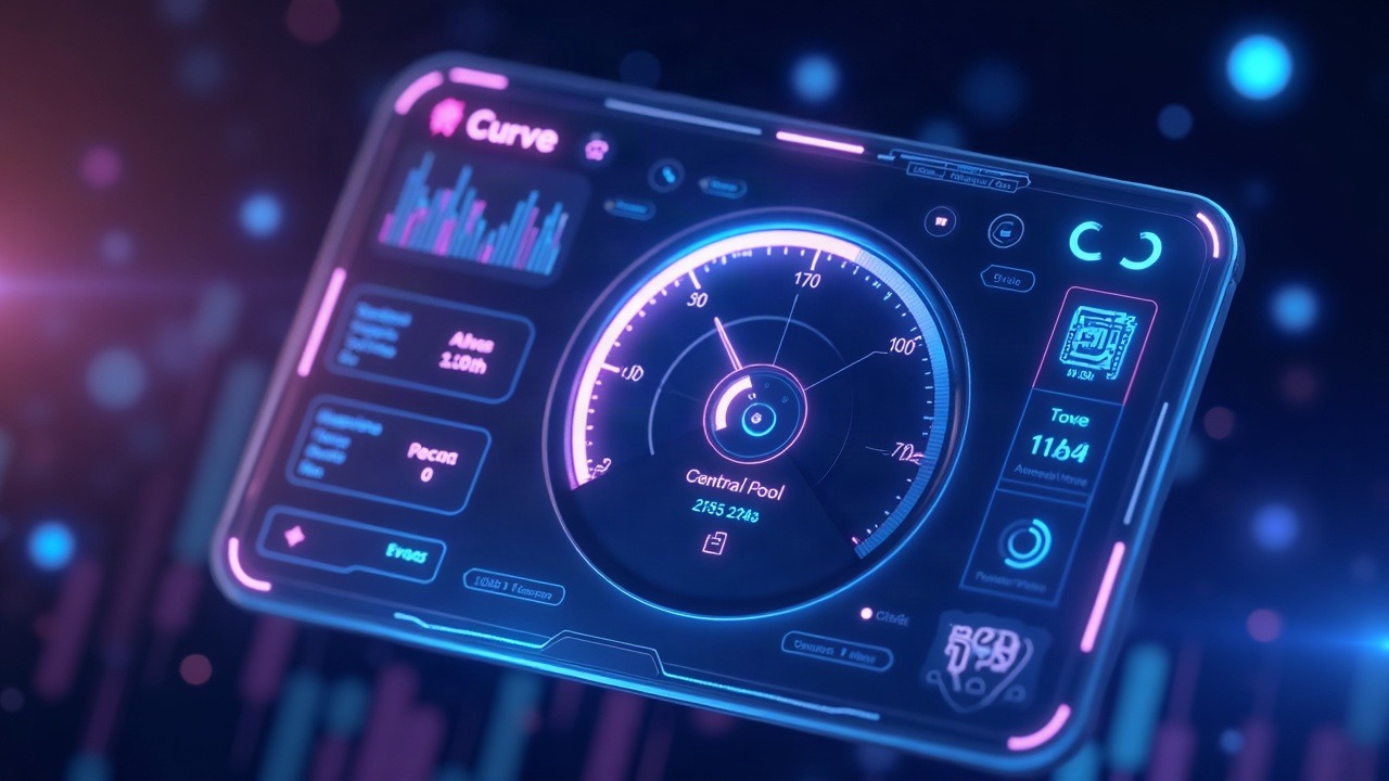 Neon illustration of Curve liquidity pools and gauges on a sleek dashboard with a central token