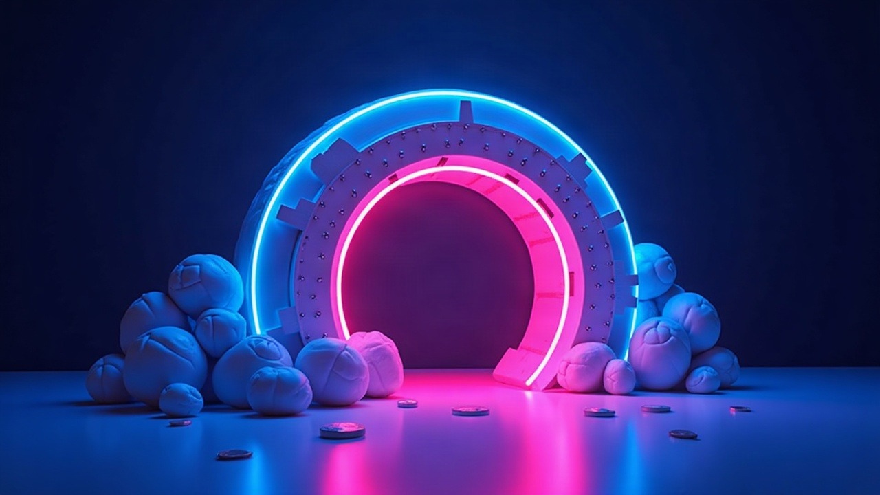 Neon illustration of Curve's LLAMMA stabilizing stressed loans with gradual collateral adjustments around a central vault.