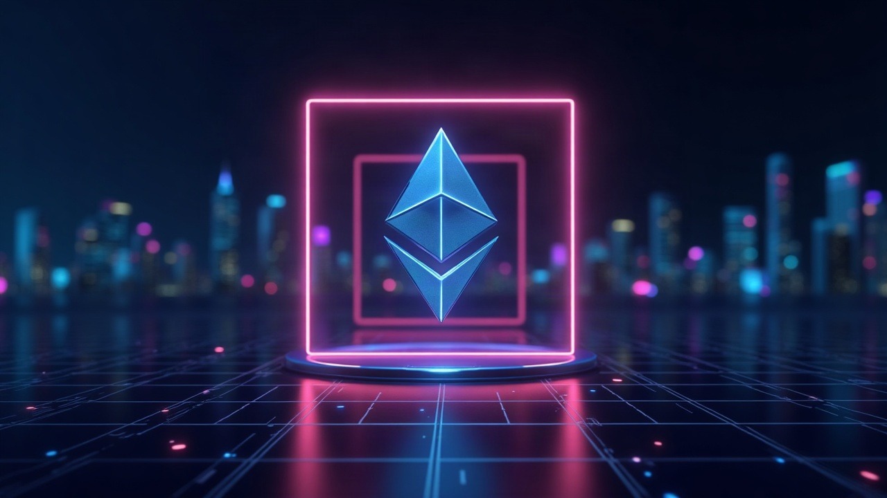 Futuristic neon Ethereum scene with the logo framed by an EIP-8141 symbol signaling scheduled account abstraction on a grid.