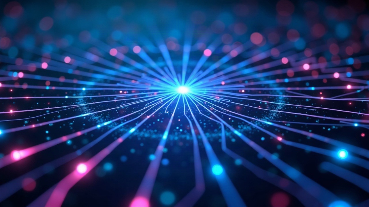 Neon, ultra-realistic central lattice visualizing recursive STARK mempools and dependency frames with blue-cyan-magenta glow.