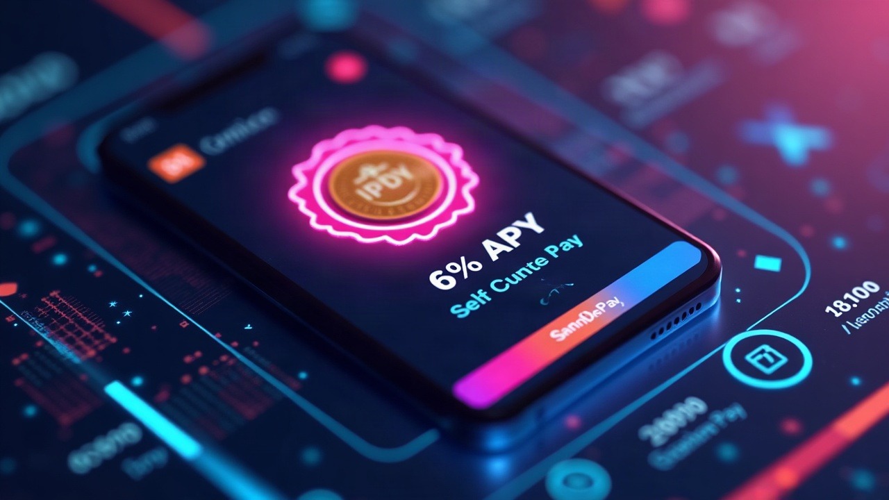 Futuristic wallet UI on neon backdrop with USDe token, 6% APY badge, and Ethena Pay silhouette.