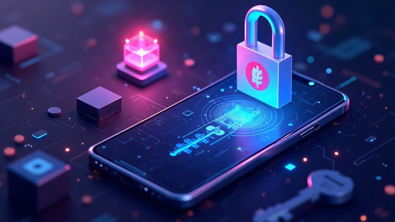 Neon illustration of an iPhone with a redacted kernel icon and crypto keys leaking into a digital vault, blue glow.
