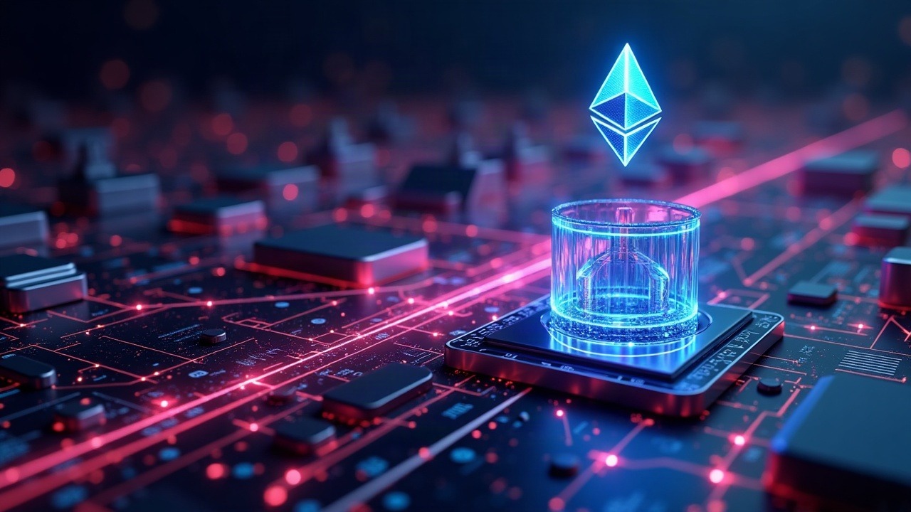 Neon Ethereum upgrade scene: central node cluster, Sepolia countdown, glowing EIP-8037 glyphs, Plataberget hologram