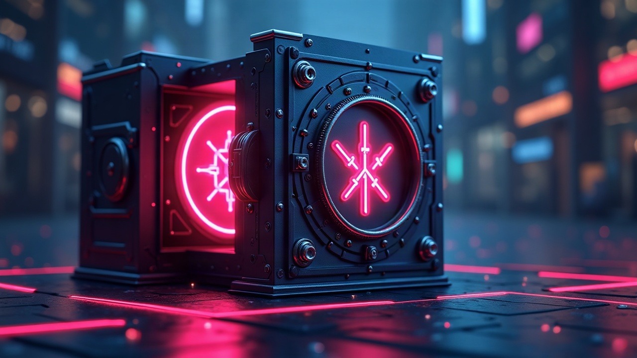 Neon cyber illustration of a Gnosis Safe vault under a flawed helper contract attack, with a front-running bot siphoning rsETH amid glow, bokeh.