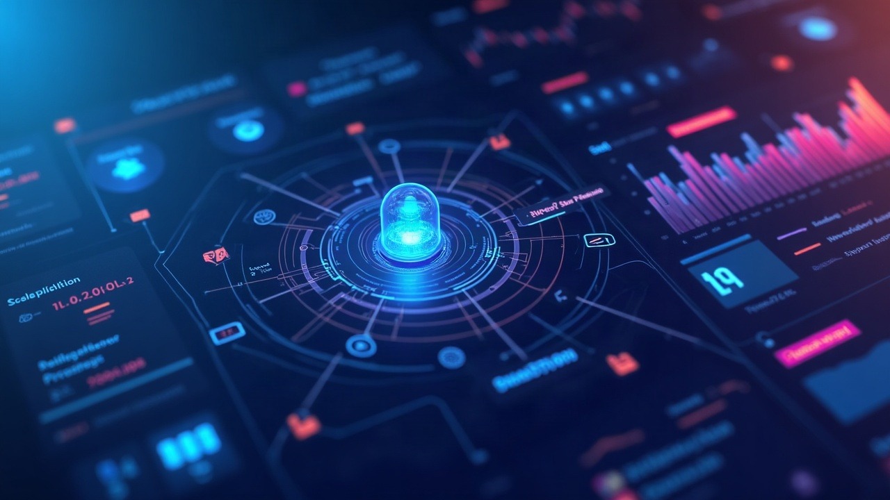 Futuristic dashboard visualizing live blockchain activity via GraphQL subscriptions, neon blue and purple glow