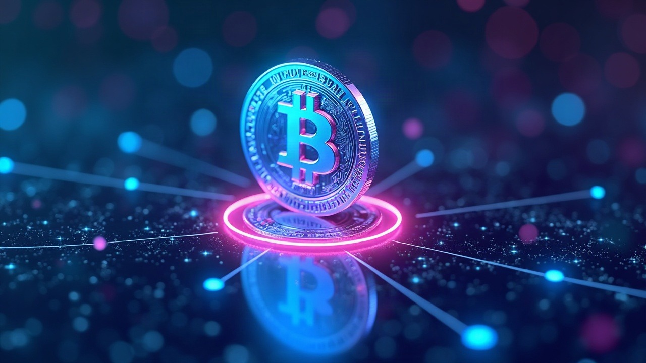 Neon BTC-backed loan token on Hashi mainnet with MPC shield amid a blue-cyan-purple network.