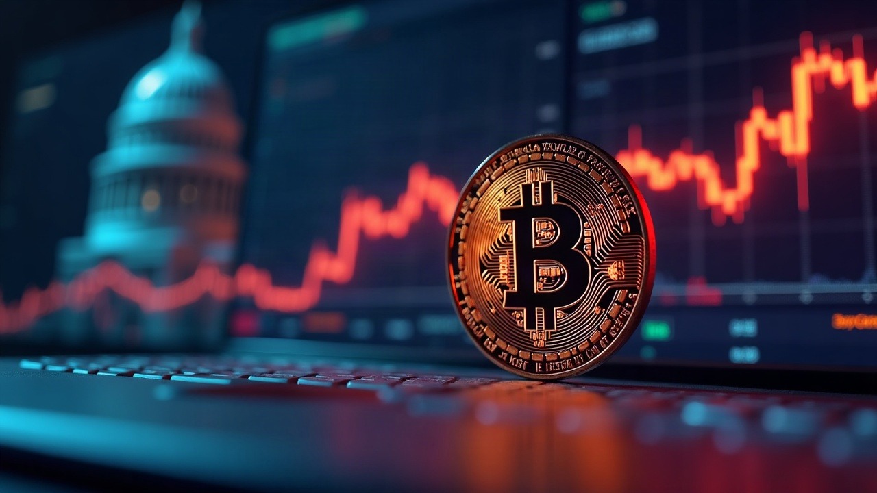 Neon crypto trading scene with BTC logo, rising yield chart, and a hawkish Fed motif on a sleek dashboard.