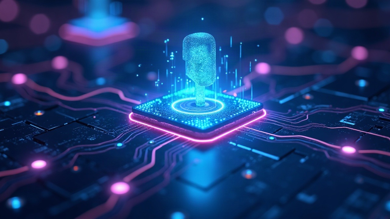 Neon-lit scene of on-chain micro-payments for Hedera API calls, central futuristic node with flowing tokens and blue-cyan lighting