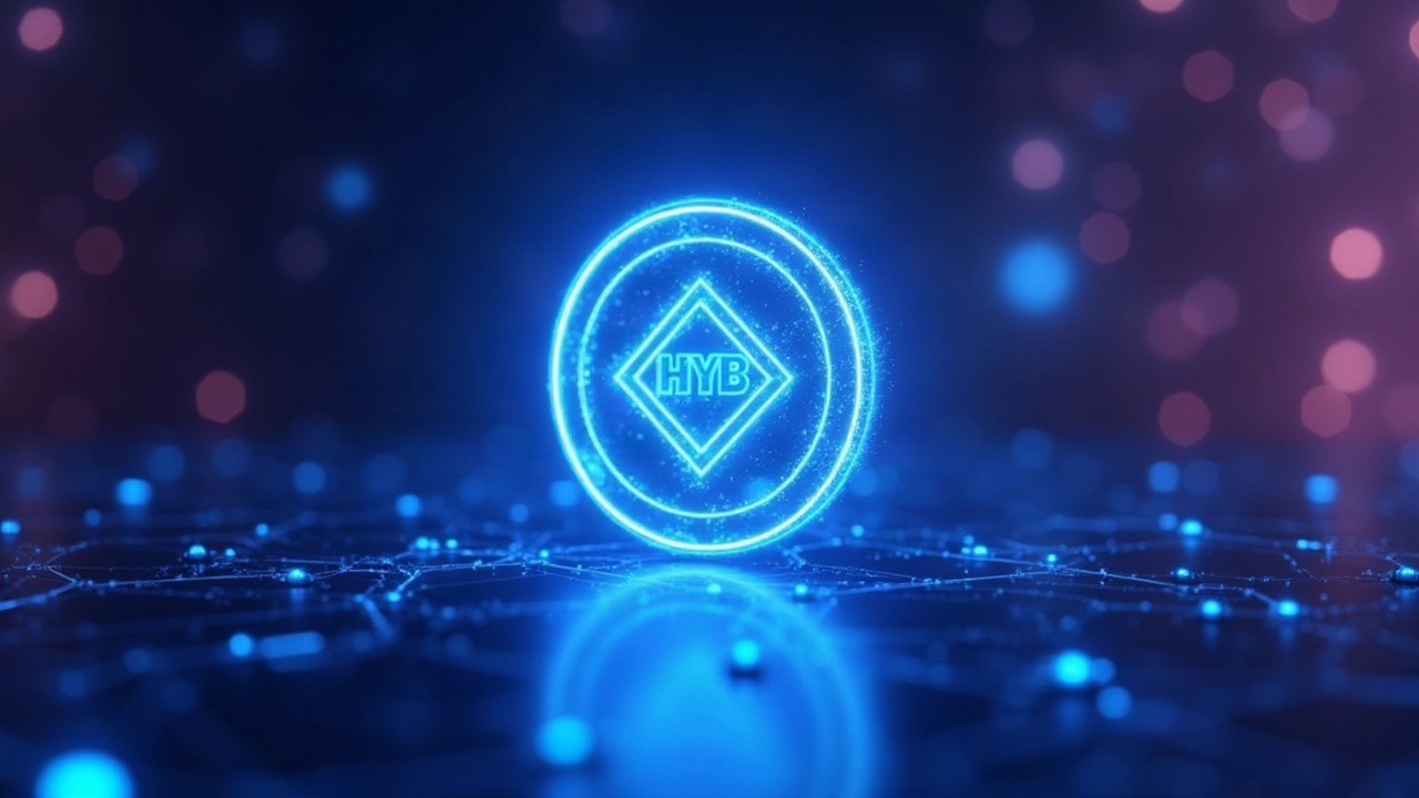 3D illustration of a glowing HYB token tied to RedStone Settle for instant T0 liquidity, in neon blue, cyan and purple.