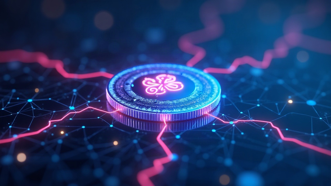 Glowing KRW1 coin connected to an Avalanche hub with Rain network lines across a neon globe.