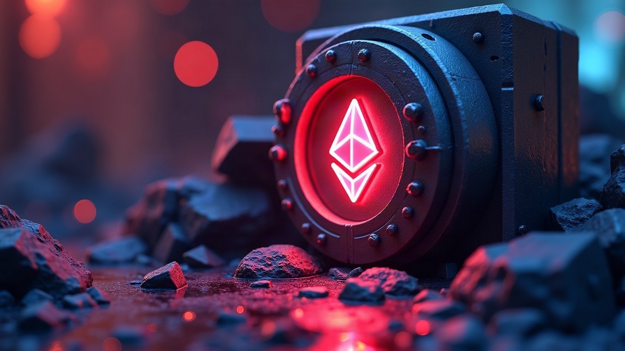 Neon-lit Ethereum NFT vault breached by a legacy contract flaw, glowing NFTs and WETH shards in a futuristic scene