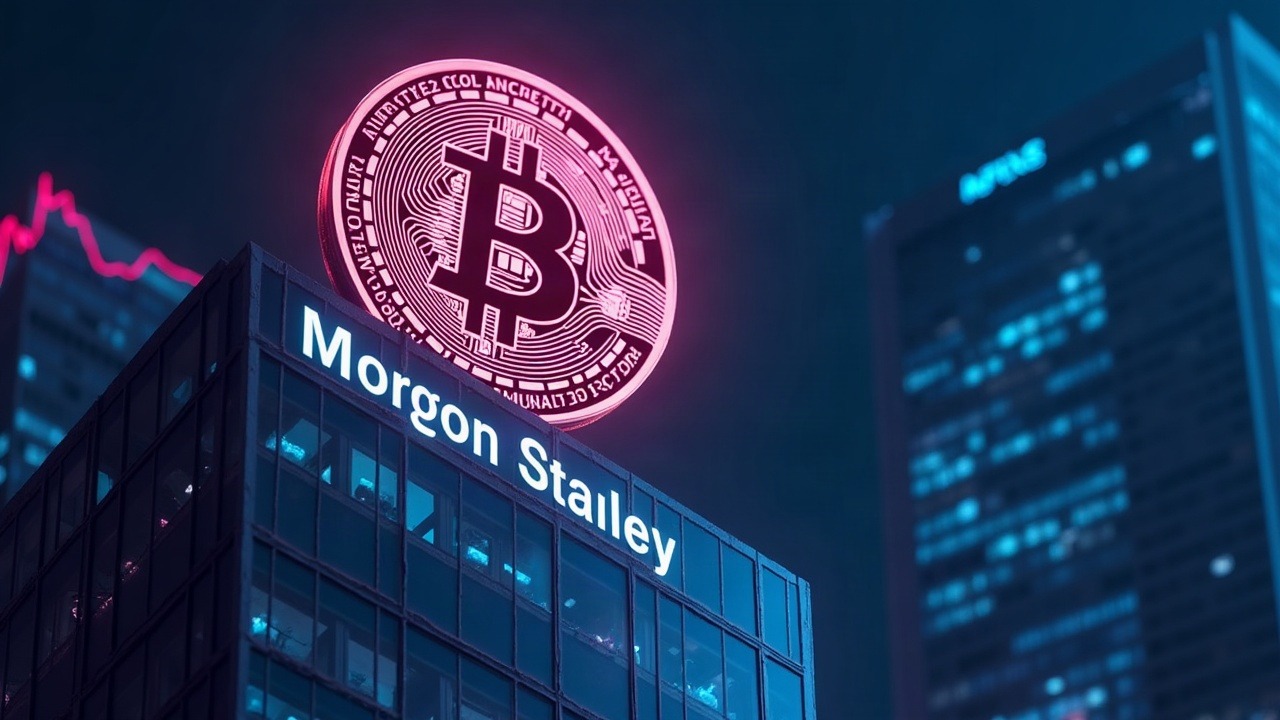 Neon Bitcoin coin over a Morgan Stanley tower with blue-pink data streams signaling MSBT inflows.