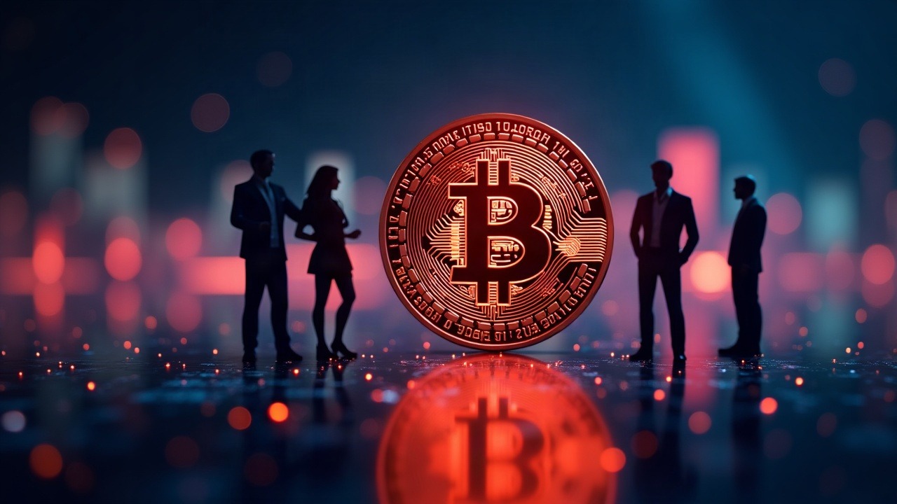 Neon Bitcoin coin with rising data streams and silhouettes of institutional buyers, set against a sleek futuristic backdrop.