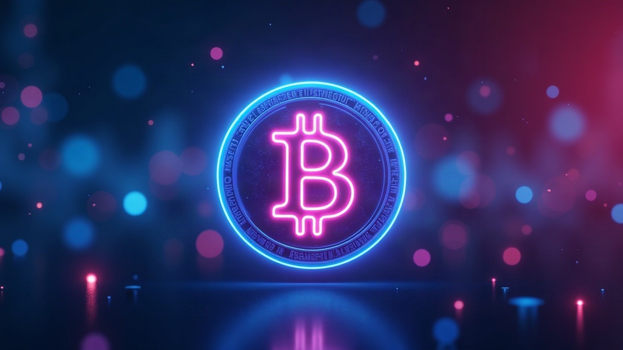 Neon crypto illustration with a central coin symbol signaling steady Greed, blue-cyan-pink glow, soft bokeh.