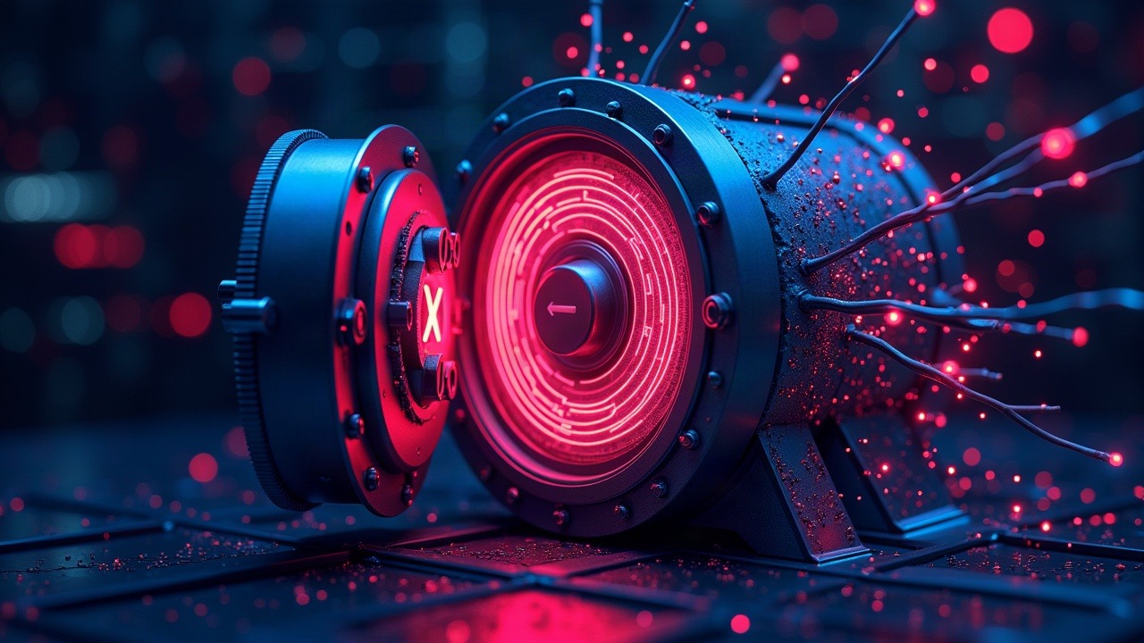 Neon cyber illustration of a digital vault breached by data streams, merging crypto visuals with a government email breach.