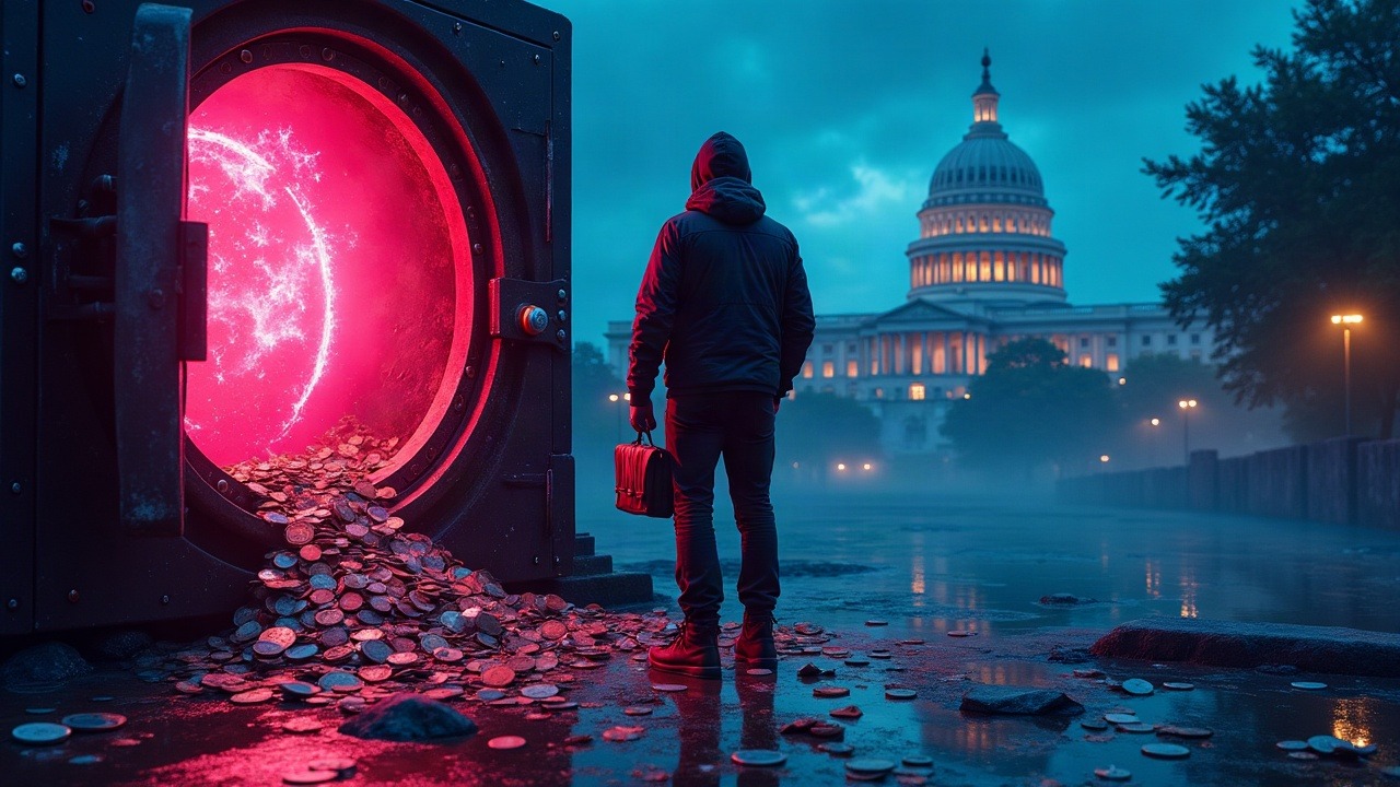 Neon hacker silhouette over a shattered Uranium Finance vault, coins flowing into Pokemon and MTG cards, Tornado Cash swirl