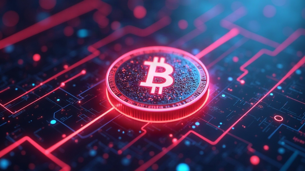 Neon 3D illustration of USDC in an on-chain treasury linked to banks and cross-border rails, with futuristic lighting.