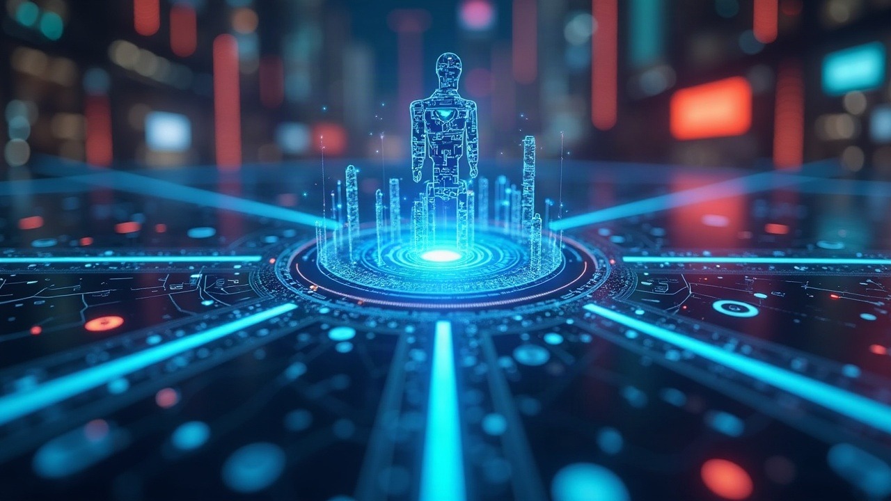 Neon-lit blockchain hub featuring Orbio Agentic Launchpad and Pendle-powered AI agents with CREDIT tokens.