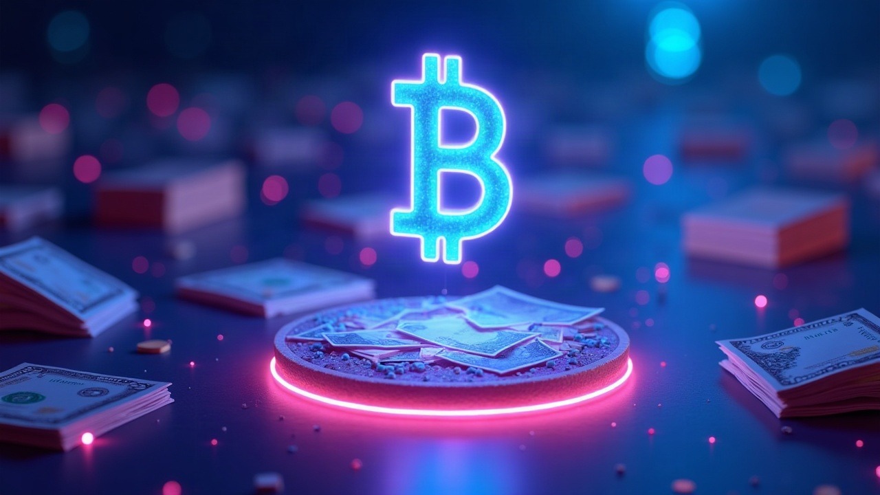 Neon crypto illustration of PONS attracting large glowing wallets toward the PONS symbol, with blue, cyan and purple glow.