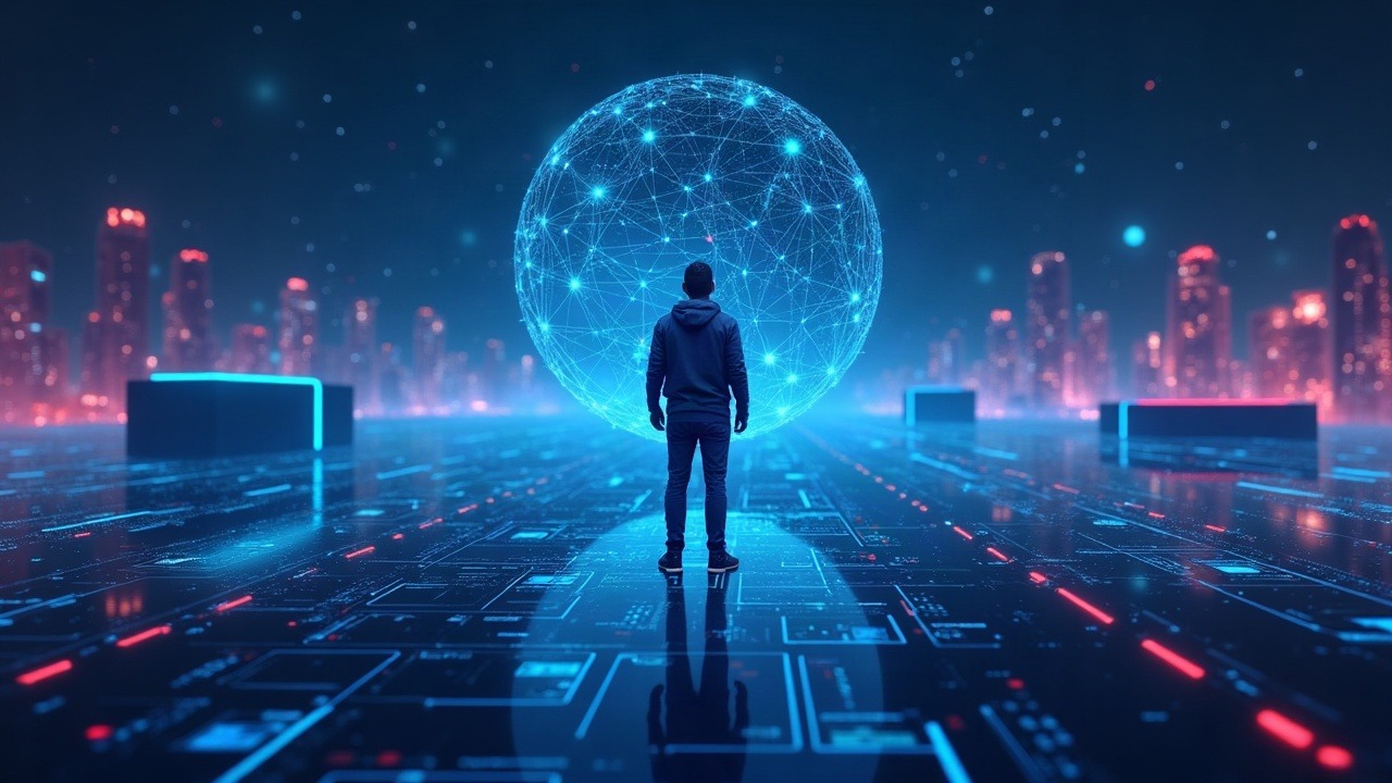 Futuristic trading scene with a central figure, neon AI agents, crypto perpetuals visuals, and weekend markets