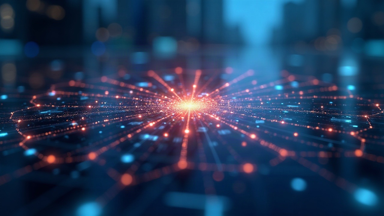 Futuristic blockchain compliance scene: neon ledger hologram connected to global partners and a digital city backdrop.
