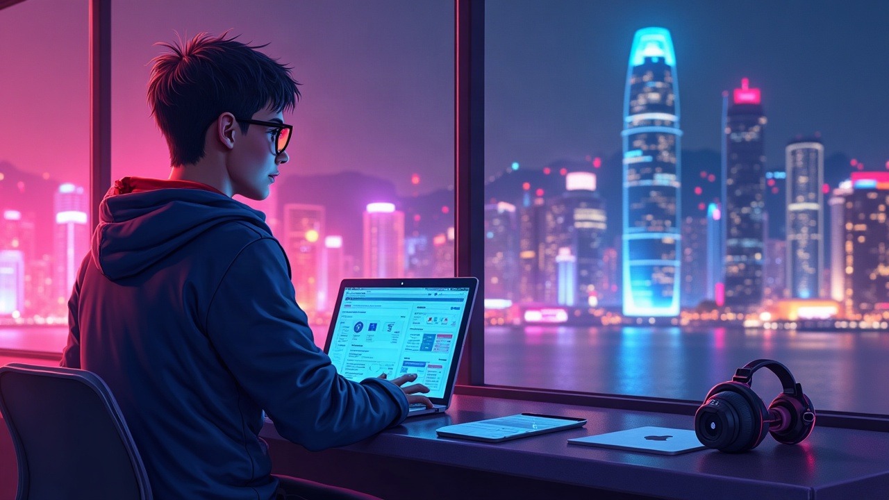 Neon-lit SlowMist security analyst at a Hong Kong Web3 summit, with AI, AML tools, and on-chain risk analytics.