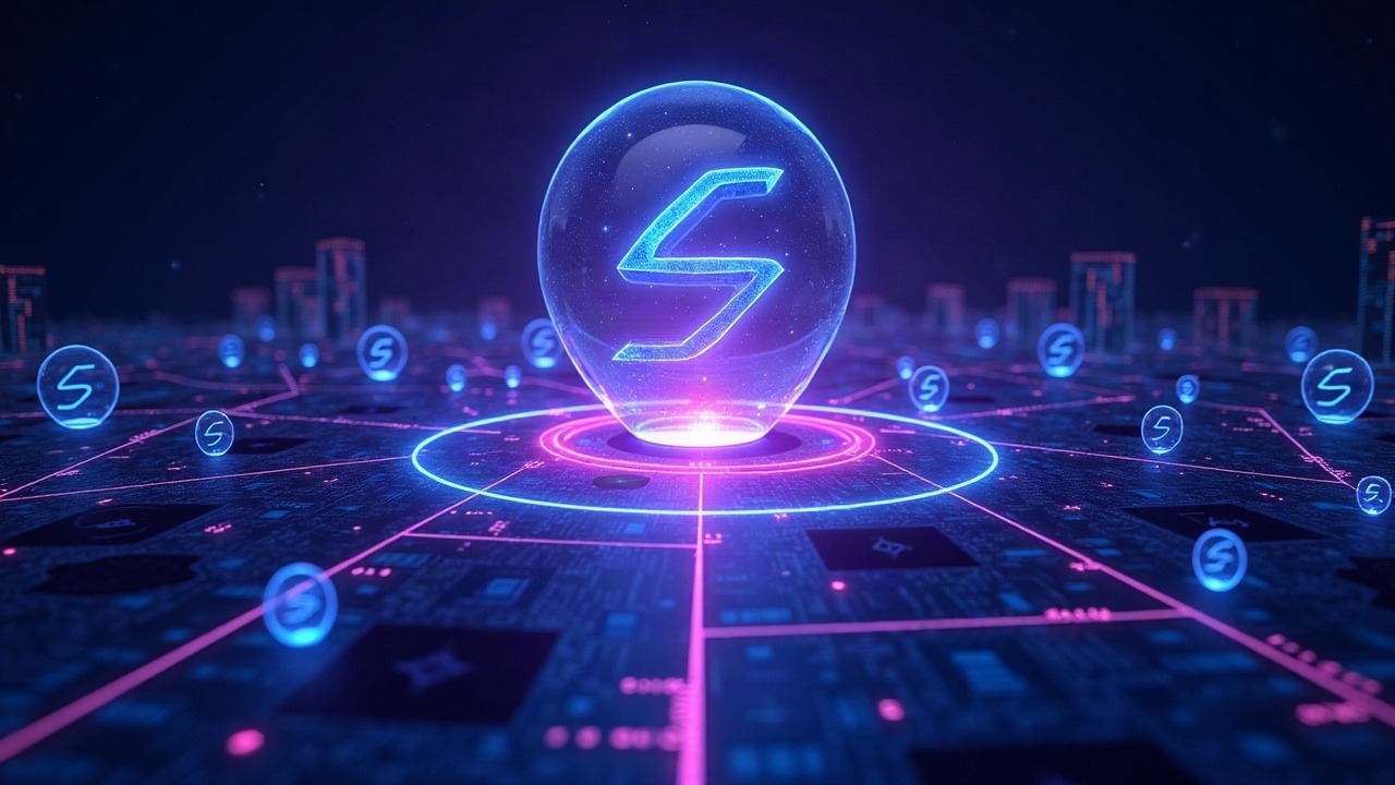 Futuristic Solana header: neon glow, central Solana logo, streams of 5.2B transactions and rising tokenized RWAs.