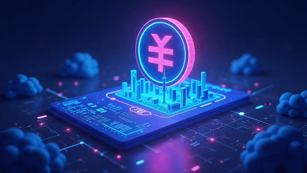 Neon JPYC token above a live order book over Seoul skyline, with blue glow, fintech-style indicating liquidity and regulatory focus