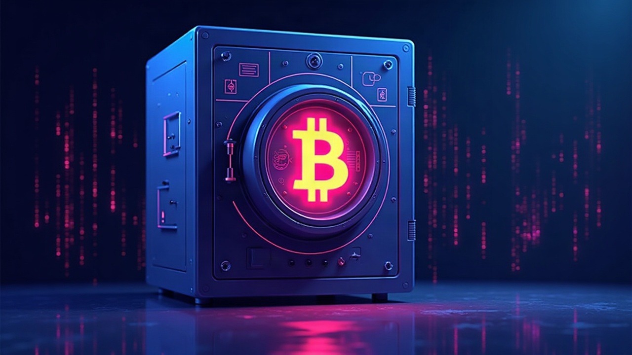 Neon cyber illustration of a secure Bitcoin vault with glowing BTC emblem and audit glyphs.
