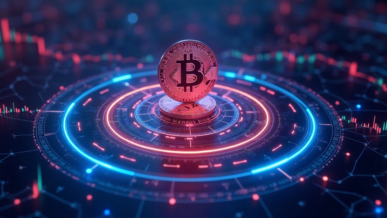 Neon, hyperrealistic Bitcoin coin orbiting a digital ledger in a blue-pink futuristic market scene.