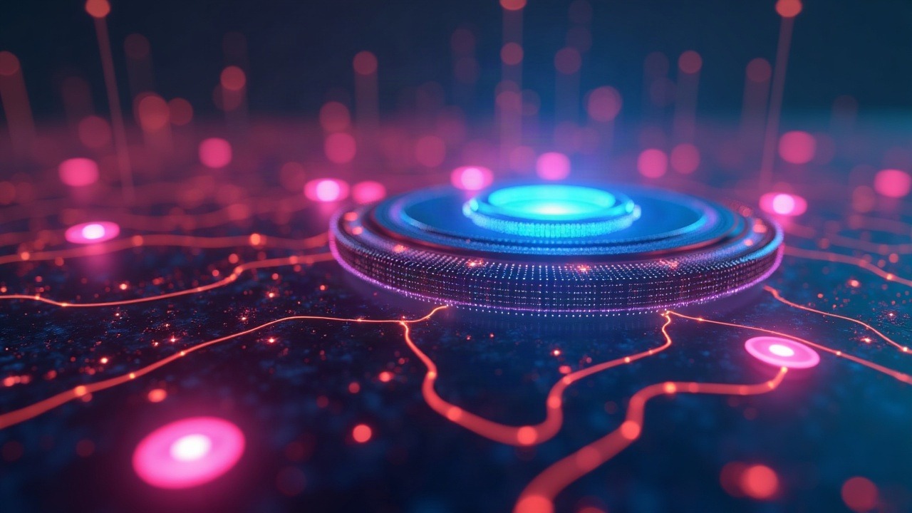 Neon, hyperreal 3D Sui blockchain hub with a glowing live TPS meter and 24h addresses, Basecamp vibe.